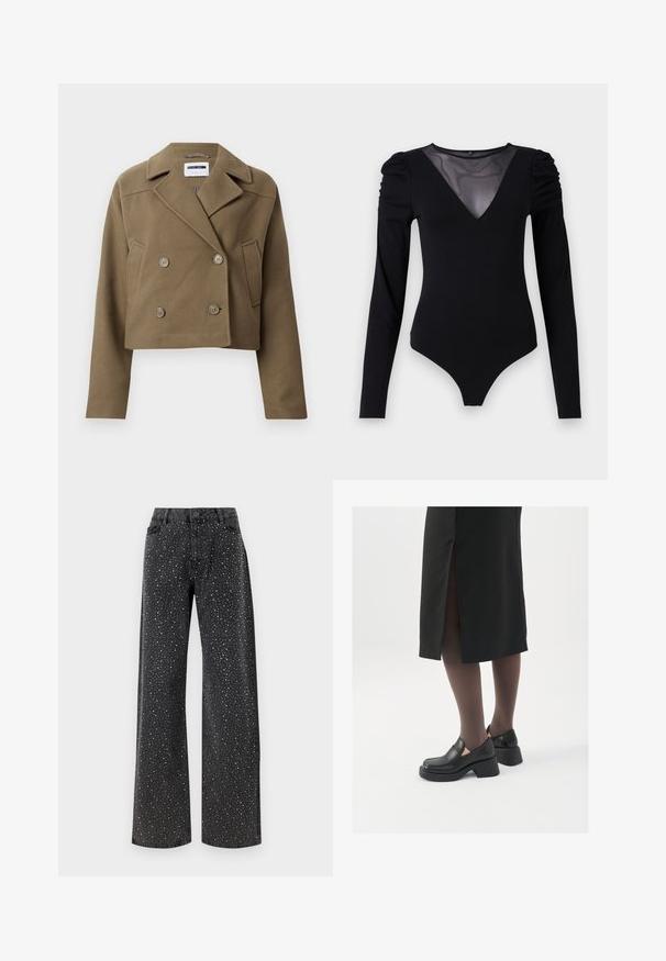 Cropped double-breasted jacket in olive green, made of textured fabric. Features large buttons and a pointed collar, with side pocket detail.; Black bodysuit with long sleeves, featuring a mesh V-neckline and gathered shoulder detail. Smooth fabric with a fitted shape.; Noisy May NMJANNEL LOOSE - Relaxed fit jeans - black denim; Black leather shoes with a rounded toe, thick block heel, and elastic side accents, paired with dark tights and a black skirt with a slit.