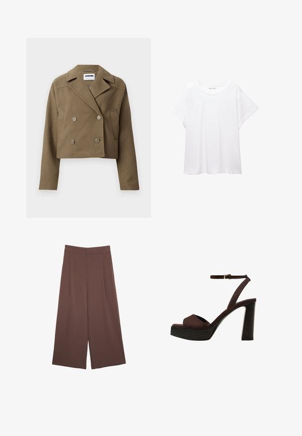Forkortet dobbeltrækkerjakke i olivengrønt, lavet af tekstureret stof. Har store knapper og en spids krave samt sidelommer.; Hvid T-shirt lavet af blødt, let stof. Har en rund halsudskæring og korte, brede ærmer med en afslappet pasform. Ingen synlige mønstre.; Brune bredbunde bukser med en glat tekstur, der har høj talje og plisseringer foran. Stoffet er let og falder løst.; Brune ruskinds højhælede sandal med åben tå, justerbar ankelrem og en stribet plade sål.