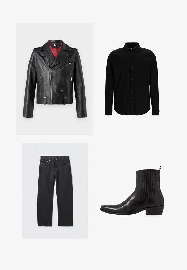 Schwarze Lederbikerjacke mit silbernen Reißverschlüssen und Druckknöpfen, ausgestattet mit einem roten Innenfutter und einem asymmetrischen Vorderverschluss.; Schwarzes Langarmhemd aus glattem Stoff, mit einer durchgehenden Knopfleiste, Kragen und dezentem besticktem Logo auf der Brust.; Schwarze Denim-Jeans im geraden Schnitt mit Knopfverschluss, fünf Taschen und kupferfarbenen Hardware-Elementen. Glatte Textur.; Schwarze Leder- ankle boot mit spitzem Zehenbereich, elastischen Seitenpaneelen, vertikalen Steppnähten und einem niedrigen Blockabsatz.