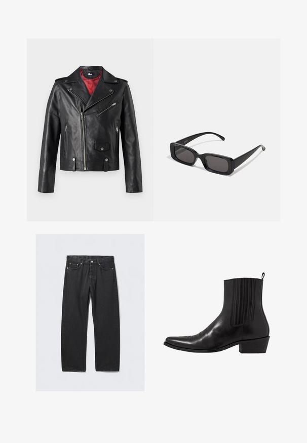 Giacca da motociclista in pelle nera con cerniere argentate e bottoni a pressione, caratterizzata da una fodera interna rossa e una chiusura anteriore asimmetrica.; Camicia nera a maniche lunghe realizzata in tessuto morbido, con patta con bottoni, colletto e un logo ricamato discreto sul petto.; Jeans in denim nero con taglio dritto, dotati di chiusura a bottoni, cinque tasche e dettagli in metallo color rame. Texture liscia.; Stivale alla caviglia in pelle nera con punta affusolata, pannelli laterali elasticizzati, accenti di cuciture verticali e tacco a blocco basso.; Occhiali da sole neri rettangolari con lenti scure, finitura lucida, aste larghe e design della montatura spessa. Nome del marchio inciso su un'asta.