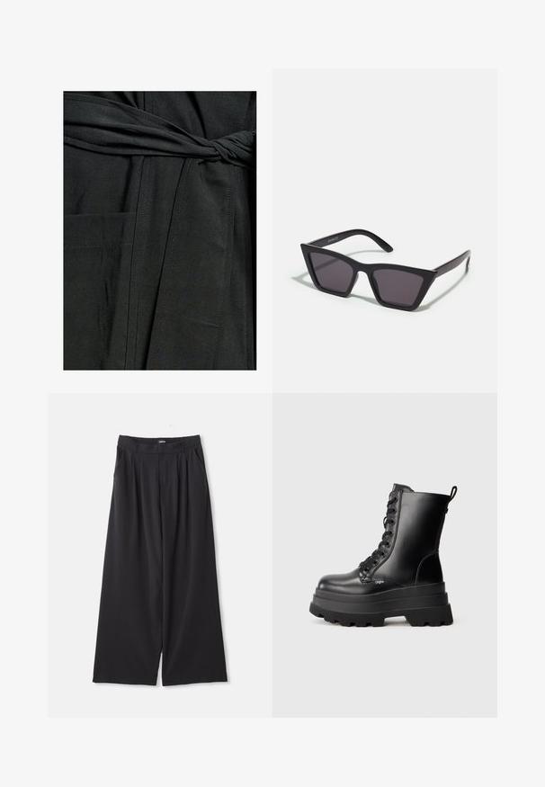 WILLA BOTANIST - Kišni ogrtač - black; Crna dugačka majica s dugim rukavima od prozirne čipke s cvjetnim uzorkom i visokim izrezom koji uključuje mali volan.; Crne široke hlače s plitkim naborima, petljama za remen i bočnim džepovima, položene ravno na bijeloj pozadini.; Crne čipkaste čizme do gležnja s debelim platformom, glatkom kožnom završnom obradom i petljicom za povlačenje. Ima osam rupica za vezanje i teksturiranu potplat.; Crne, uglaste sunčane naočale sa sivoj lećama; izrađene od plastike, imaju debele nogice s glatkom površinom i bez vidljivih metalnih dijelova.; Crna marama napravljena od mekane, teksturirane tkanine. Ima franjane rubove i pravokutni oblik, pogodna za omotavanje oko vrata.