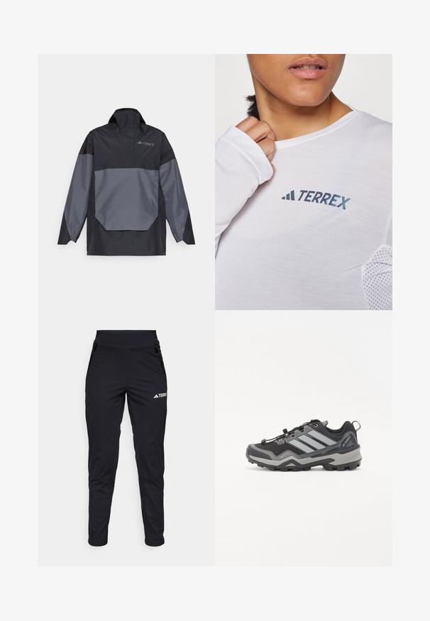 Chaqueta ligera de pullover en negro y gris, con cuello alto, mangas largas y un bolsillo frontal en ángulo. Presenta un logo en el pecho.; Camisa blanca de manga larga con un logo azul de "TERREX". La tela es ligera y tiene detalles de malla texturizada en los hombros.; Pantalones atléticos negros con una tela suave, que presentan un diseño ajustado, bolsillos con cremallera y una parte inferior texturizada. Logo impreso en la parte frontal.; Zapatos de senderismo en negro y gris con una superficie texturizada, suela de goma y tres franjas grises prominentes en el lateral; cuentan con un sistema de cordones rápido.