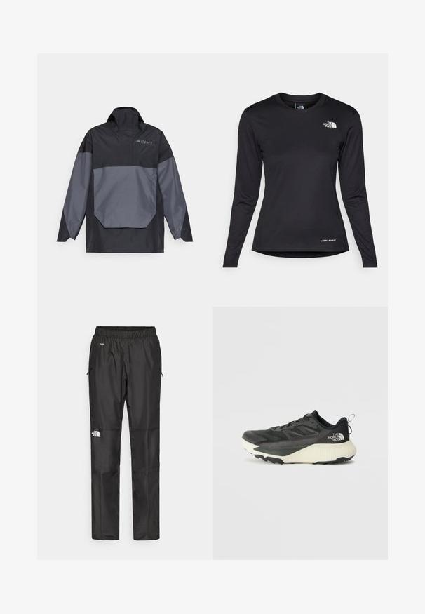 Jachetă ușoară, neagră și gri, tip pulover, cu guler înalt, mâneci lungi și un buzunar frontal unghiular. Are un logo pe piept.; The North Face SHADOW LONG SLEEVE - Bluză cu mânecă lungă - black; Pantaloni impermeabili negri, confecționați dintr-un material ușor, cu o talie elastică, buzunare laterale și un logo pe piciorul stâng.; Pantofii sport negri cu un superior texturat, având accente gri și o talpă intermediară albă. Include un sistem de prindere și un logo de marcă proeminent pe călcâi.
