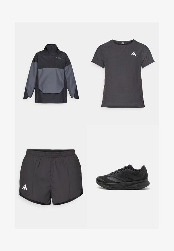 Schwarze und graue, leichte Pulloverjacke mit hohem Kragen, langen Ärmeln und einer winkligen Fronttasche. Mit einem Logo auf der Brust.; Kurze Ärmel Sport-T-Shirt, dunkelgrau mit durchbrochener Textur. Enthält ein weißes Logo und kontrastierende Seitenstreifen. Runder Ausschnitt.; Schwarze Sportshorts aus leichtem Material, mit einem elastischen Bund und einem weißen Adidas-Logo auf der unteren linken Seite.; Schwarzer Laufschuh mit einem atmungsaktiven Mesh-Obermaterial, runder Zehenpartie, schlankem Design, strukturierten Akzenten und einer gepolsterten Sohle für Komfort.