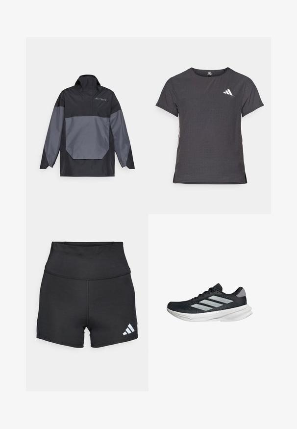 Black and gray, lightweight pullover jacket with a high collar, long sleeves, and an angular front pocket. Features a logo on the chest.; Short-sleeve athletic t-shirt, dark gray with perforated texture. Features a white logo and contrasting side stripes. Rounded neckline.; adidas Performance Leggings - black; Black running shoe with mesh upper, three silver stripes, white midsole, and textured outsole. Features padded collar and lace closure.