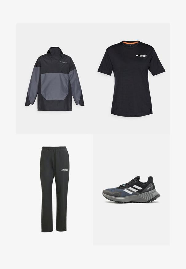 Schwarze und graue, leichte Pulloverjacke mit hohem Kragen, langen Ärmeln und einer winkligen Fronttasche. Mit einem Logo auf der Brust.; Schwarzes Kurzarm-T-Shirt mit Rundhalsausschnitt, das eine dezente melierte Textur aufweist und ein weißes "TERREX"-Logo auf der oberen linken Seite hat.; Schwarze, leichte Hose mit einem elastischen Bund. Besitzt ein dezentes, weißes "TERREX"-Logo. Hergestellt aus glattem Material mit geradem Bein.; Sportlicher Schuh mit Mesh-Obermaterial in Schwarz- und Blautönen. Mit weißen Streifen, grauer Gummisohle und strukturiertem Zwischensohlenmaterial für besseren Halt.
