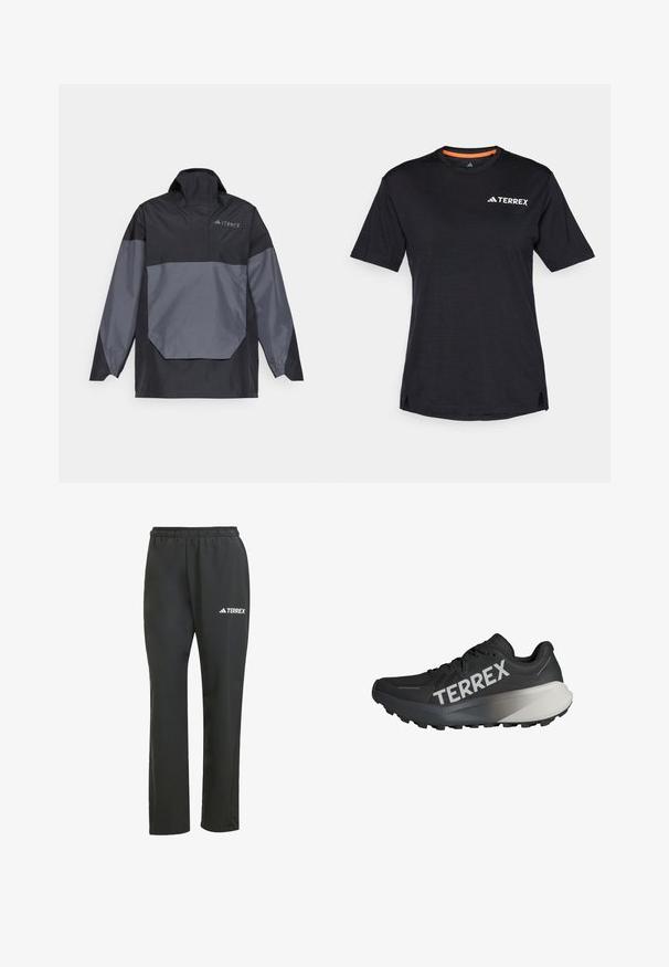Black and gray, lightweight pullover jacket with a high collar, long sleeves, and an angular front pocket. Features a logo on the chest.; Black short-sleeve T-shirt with round neckline, featuring a subtle heather texture and white "TERREX" logo on the upper left side.; Black lightweight pants with an elastic waistband. Features a subtle “TERREX” logo in white. Smooth fabric and straight-leg design.; Black running shoe with a textured upper, prominent "TERREX" logo in white, tapered sole design, and a gradient gray accent on the heel.
