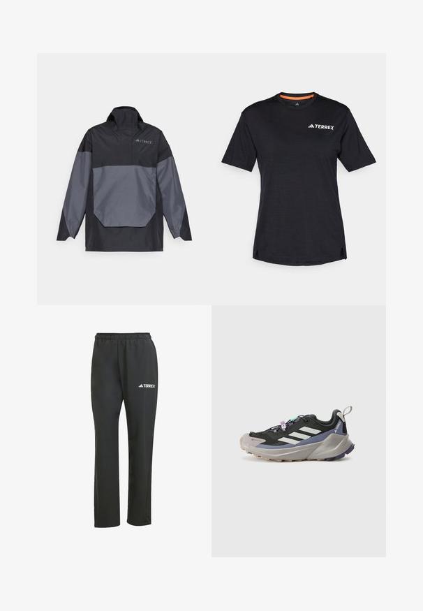Must ja hall, kergest materjalist puhvrikjakas kõrge kraega, pikad varrukad ja nurga all asuv eesmine tasku. Jakil on rindkere kohal logo.; Must t-särk lühikeste varrukatega, ümmarguse kaelusega, millel on peen heather struktuur ja valge "TERREX" logo vasakul ülanurgas.; Mustad mustad püksid elastse vöökohtiga. Elegantselt diskreetne valge "TERREX" logo. Sile kangas ja sirge jala disain.; Mustaline sportlikud jalanõud Gore-Tex ülahosaga, valged triibud, lillad aktsendid, paks hall vaheosa ja tekstureeritud hall välistald haardeks.