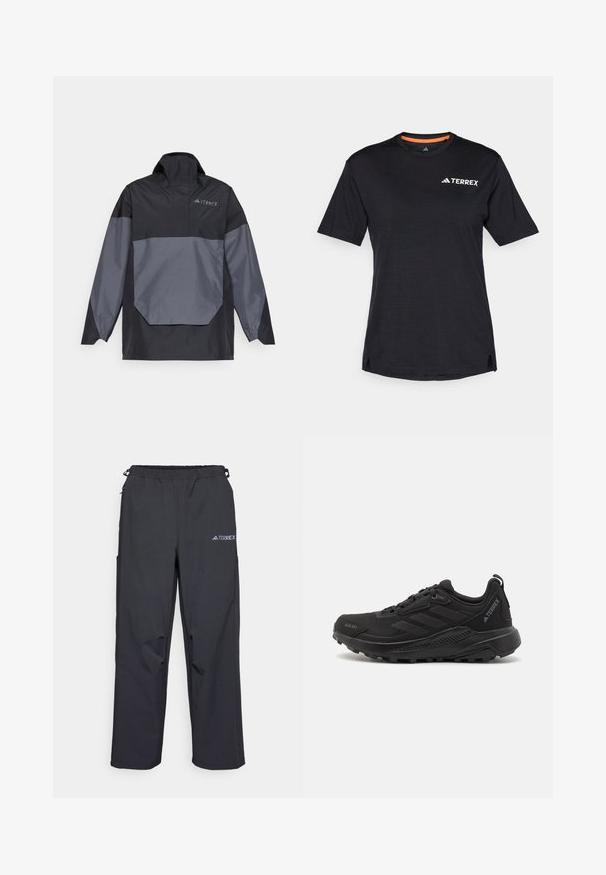 Veste légère noire et grise au design en pull, avec un col haut, des manches longues et une poche frontale angulaire. Présente un logo sur la poitrine.; T-shirt noir à manches courtes avec col rond, présentant une texture chinée subtile et un logo "TERREX" blanc sur le côté supérieur gauche.; Pantalons d'extérieur noirs, légers, avec une taille élastique, des poches latérales et un logo sur la jambe droite supérieure. Tissu lisse et résistant à l'eau.; Chaussures de sport noires avec une tige synthétique texturée, système de laçage, semelle en caoutchouc épaisse et accents de logo discrets sur le côté et le talon.