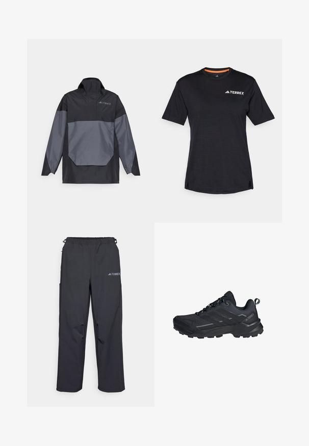 Kevyt, musta-harmaa vetoketjullinen takki korkean kauluksen, pitkien hihojen ja kulmikkaan etutaskun kanssa. Rintataskussa on logo.; Musta lyhythihainen T-paita pyöreällä pääntiellä, jossa on hienovarainen heather-rakenne ja valkoinen "TERREX"-logo vasemmalla ylhäällä.; Mustat, kevyet ulkoiluhousut, joissa on joustava vyötärö, sivutaskut ja logo oikeassa yläreunassa. Sujuva, vettä hylkivä kangas.; Musta vaelluskengä, jossa on verkko- ja synteettinen päällinen, kestävä pohja, pehmustekerros ja mustat nauhat. Sivussa on huomattava brändilogo.