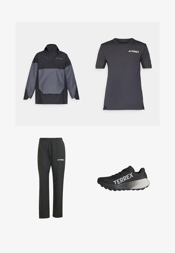 Giacca leggera pullover nera e grigia, con colletto alto, maniche lunghe e una tasca frontale angolare. Presenta un logo sul petto.; Maglietta grigia scura a maniche corte realizzata in materiale leggero, con scollatura rotonda e logo TERREX bianco sul petto.; Pantaloni leggeri neri con elastico in vita. Presentano un discreto logo "TERREX" in bianco. Tessuto morbido e design a gamba dritta.; Scarpe da corsa nere con una parte superiore testurizzata, prominente logo "TERREX" in bianco, design del suola affusolato e un accento grigio sfumato sul tallone.