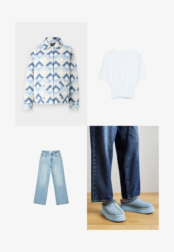 Vaatetus takki vaaleansinisen ja kermaisen värin kanssa, jossa on geometrinen timanttikuosi ja kukka-aiheita; sisältää kauluksen ja kaksi etutaskua.; Valkoinen lyhythihainen t-paita, jossa on rento leikkaus ja frillattu tekstuuri vyötäröllä. Valmistettu pehmeästä, kevyestä kankaasta.; Vaaleansiniset leveälahkeiset farkut korkealla vyötäröllä, joissa on haalistunut pesu ja pieniä, satunnaisia kulumisia ympäriinsä.; Siniset mokkanahkaiset UGG-läppäjalanjalkineet, joissa on paksut pohjat, käytetään sinisten farkkujen kanssa puulattialla yksinkertaisen taustan edessä.