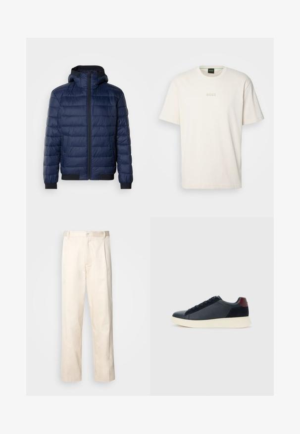 Mornarsko modra napihnjena jakna z zadrgo spredaj, kapuco in rebrastimi manšetami. Ima prešito zasnovo in dva stranska žepa. Gladek, sijoč zunanji del.; BOSS TEE - Navadna majica - open white; Bež cottone hlače s ravnim krojem, ki imajo gumbasto zapiranje in nabore spredaj za dodatne detajle.; Nizke moške tenisice iz črnega usnja in semiša z vijoličnim petnim delom in belim gumijastim podplatom, prikazane s sprednje strani.