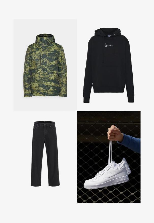 Kamuflasjemønstret jakke i grønne nyanser. Har en glidelås brystlomme, justerbar hette og teksturert stoff for isolasjon.; Svart hettegenser laget av myk stoff, med en frontlomme, snor i hetten og hvit logo brodert på brystet. Klassisk passform og ribbestrikkede mansjetter.; Svarte straight-leg denim jeans med knapp- og glidelåslukking, beltestropper og front- og baklommer.; Hvite skinnsneakers med perforeringer, rund tå, flat såle og tykke lisser, med en synlig swoosh-logo og "AIR" på hælen.