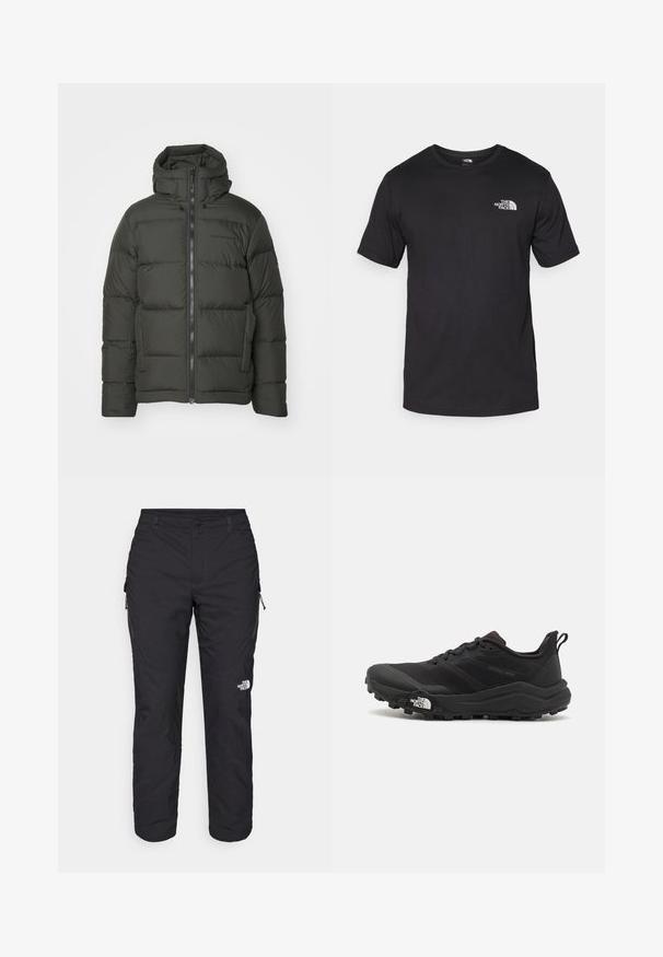 Peak Performance RIVEL JACKET - Down jacket - olive extreme; Black short-sleeve t-shirt made of cotton, featuring a round neckline and a small white logo on the upper left chest area.; The North Face WINTER EXPLORATION TAPERED CARGO - Outdoor trousers - black; Black trail running shoe with a textured upper, rubber sole, and reinforced toe cap. Features a padded collar and pull tab for easy wear.