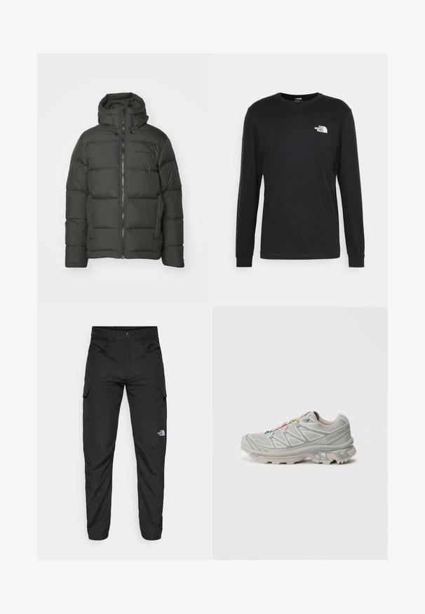 Peak Performance RIVEL ciemnozielony; Czarny longsleeve t-shirt wykonany z bawełny, z białym logo na lewej piersi i ściągaczami przy nadgarstkach. Gładka faktura z okrągłym dekoltem.; The North Face HORIZON czarny; Jasnoszary but sportowy z teksturowaną siateczką, z refleksyjnymi akcentami, wyraźnym bieżnikiem i kolorowymi sznurówkami. Posiada wspierającą konstrukcję.