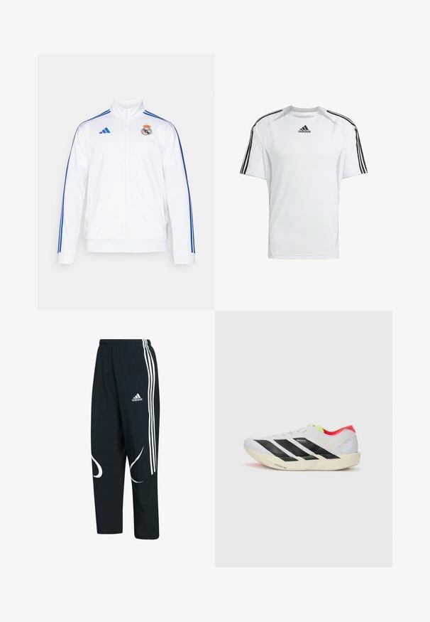 Weißer Sportjacke mit blauen Streifen, hohem Kragen, vollfarbigem Reißverschluss und Real Madrid-Logo auf der linken Brust. Hergestellt aus leichtem Material.; Weißes kurzärmliges Sportshirt mit schwarzen Adidas-Dreistreifenakzenten auf den Schultern, aus glattem, leichtem Stoff hergestellt.; Schwarze Jogginghosen mit weißen Streifen und Logo, ausgestattet mit einer lockeren Passform, elastischem Bund und geschwungenen weißen Mustern an den Seiten.; Weißer Sportschuh mit schwarzen Streifen, neongrünen Akzenten und einer roten Ferse. Hat ein leichtes Design und eine strukturierte Sohle für besseren Grip.