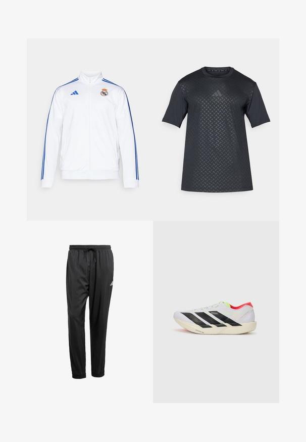 Balta sportinė striukė su mėlynomis juostomis, aukštu apykakle, visiškai užtraukiama ir Real Madrid logotipu kairėje krūtinės pusėje. Pagaminta iš lengvos medžiagos.; Juodas trumpomis rankovėmis marškinėliai su tekstūruotu geometriniu raštu priekyje ir lygiu nugaros paviršiumi, pagaminti iš lengvos, kvėpuojančios medžiagos.; Juodos sportinės kelnės su elastine juosta, su raišteliu, užrišamais kulkšniais ir maža balta emblemute dešinėje šlaunyje.; Baltos bėgimo bateliai su juodomis juostelėmis, neoninių žalių akcentų ir raudonu kulnu. Jie pasižymi lengvu dizainu ir tekstūruotu padu, kuris suteikia sukibimą.