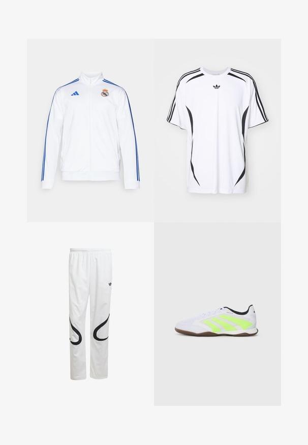 Baltas sporta žakets ar zilām svītrām, augstu apkakli, pilnu rāvējslēdzēju un Real Madrid logotipu kreisajā krūtī. Izgatavots no viegla materiāla.; Balts īsām piedurknēm T-krekls ar melnām sānu akcentiem un trim melnām svītrām uz pleciem. Iekļauta maza melna logo uz krūšu daļas.; Baltas sporta bikses ar gludu faktūru, ar melniem izliektiem rakstiem sānos un melnu logo pie jostasvietas.; Baltie iekštelpu futbols zābaks ar neona dzeltenām svītrām, melnu iekšējo oderi un brūnu zoli, skatīts no kreisās puses.