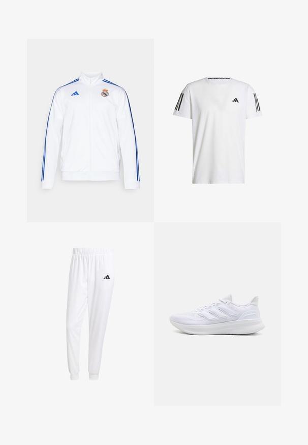 Chaqueta deportiva blanca con rayas azules, cuello alto, cremallera completa y logo del Real Madrid en el lado izquierdo del pecho. Fabricada en material ligero.; Camiseta blanca de manga corta hecha de tejido transpirable, con un logo triangular negro y tres rayas negras en cada hombro.; Pantalones deportivos blancos de tela suave, con cinturilla elástica y puños ajustados, y un logo negro en el bolsillo trasero.; Zapatillas deportivas blancas con una parte superior de malla texturizada, suela acolchada y soporte, y un diseño de tres rayas en el lateral.