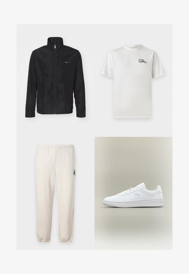 Must toonik, mis on valmistatud siledast ja kergest kangast. Omab kõrget kraed, elastseid mansette ja väikest logo kleebist vasakul rinnal.; Valge puuvillane T-särk ümmarguse kaelusega, lühikeste varrukatega ja väikese tikandiga logoga, millel on mäed ja tekst vasakul rinnal.; Heledadbežased püksid, mis on valmistatud puuvillast, varustatud elastse vöökohtaga, soonikute lõpetustega ja vasakul jalal on roheline logo lehe kujundusega.; Valge nahast tennisepaar, millel on ümmargune varvas, lukkude ja madala profiiliga tald. Omab perforatsioonidega detaile ja reljeefset logo.