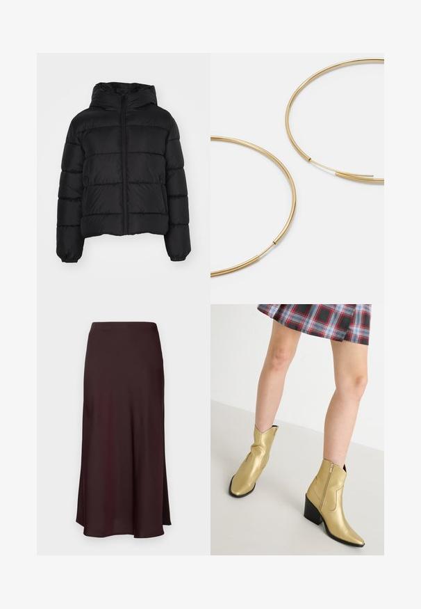 Melnā pufīgā jaka ar kapuci, ar rāvējslēdzēju priekšā, elastīgām aprocēm un izšūtu dizainu. Izgatavota no gludas, ūdensizturīgas materiāla.; Melnā džemperis ar brieža dizainu, kura ragi ir rotāti ar zeltainām pērlītēm, rozā auss detaļām, sarkanu pom-pom degunu un zaļām, sarkanām pērlītēm.; Burgundijas samta midi svārki ar gludu tekstūru, taisnu piegriezumu un nedaudz izplešamu apakšmalu. Nav redzamu rakstu vai detaļu.; Zeltaini metāliski potīšu zābaki ar norādītām pirkstiem, ar rāvējslēdzēju un blokveida papēdi. Gluda tekstūra ar izšuvumu akcentiem un klasisku formu.; Zelta krāsas auskari gredzena formā, plāni un apaļi, ar gludu metāla apdari un bez rotājumiem vai zīmējumiem.