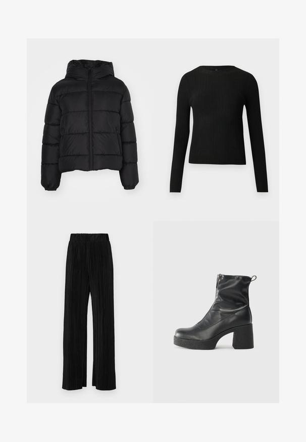 Black puffer jacket with a hood, featuring a zip front closure, elastic cuffs, and a quilted design. Made of smooth, water-resistant material.; Black ribbed long-sleeve fitted sweater with a round neckline, displayed against a plain light background.; Black pleated trousers with an elastic waistband. Features wide legs and a smooth, textured fabric with vertical stripes.; Black ankle boots made of smooth leather, featuring a side zipper, chunky textured heel, and rounded toe design.