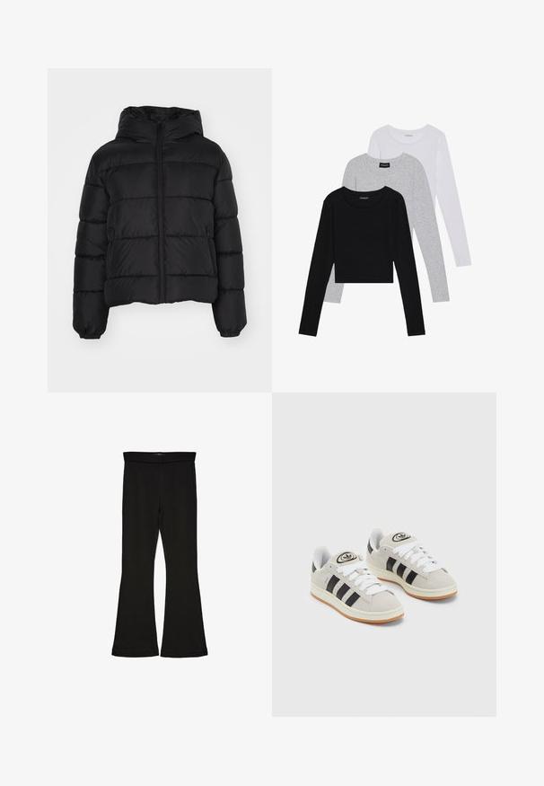 Svart puffjakke med hette, med glidelås foran, elastiske mansjetter og kviltet design. Laget av jevnt, vannavstøtende materiale.; Tre lange ermer t-skjorter stablet: svart, grå og hvit. Hver har en rund hals og et kort design med glatt, lett stoff.; Sorte flared leggings laget av stretchy stoff. Har en bred midjebånd og en glatt tekstur, med en tettsittende silhuett som blir videre nedover.; Grå semsket sneakers med hvite lisser, svarte striper og en hvit gummisåle. Har en sirkulær logo på tungen og en gummisåle.