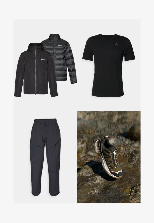 Deux vestes noires côte à côte : une couche externe résistante à l'eau avec une capuche et une fermeture éclair, et une veste rembourrée isolante avec un col haut.; T-shirt noir en tissu léger, avec un col rond, des manches courtes et un petit logo de la marque en haut à gauche.; Pantalons cargo noirs en matériau léger et résistant à l'eau ; dotés d'une taille élastique, de plusieurs poches zippées et de jambes fuselées.; Chaussure de randonnée en vert olive et noir avec des accents roses. Elle présente un dessus texturé, une semelle flexible, une coque avant renforcée et un système de laçage coloré.