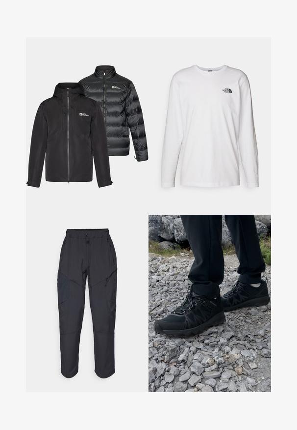 Two black jackets side by side: a water-resistant outer layer with a hood and zip closure, and a puffy insulated jacket with high collar.; White long-sleeve T-shirt made of cotton with a crew neck. Features a small black logo on the chest. Smooth texture, regular fit.; Black cargo pants made from a lightweight, water-resistant material; features elastic waistband, multiple zippered pockets, and tapered legs.; Black outdoor shoes with mesh and synthetic material, featuring a textured upper, secured lacing system, and a rugged outsole, on rocky terrain.
