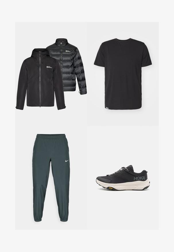 Du važiuojantys juodi švarkai šalia: vandeniui atsparus išorinis sluoksnis su gobtuvu ir užtrauktuku, ir pūkuota izoliuota striukė su aukšta apykakle.; Juodas trumpomis rankovėmis marškinėliai, pagaminti iš lygaus medvilnės audinio, su apykakle ir maža etikete kairiajame apatinėje siūlėje.; Nike sportinės kelnės tamsiai žalios spalvos, su elastingu juosmeniu, siaurėjančio silueto ir subtilia atspindinčia logo šone.; Juodos sportinės bateliai su tekstūruota viršutine dalimi, pilkų akcentų, atspindinčiomis detalėmis ir storu baltu padu su Vibram prekės ženklu.
