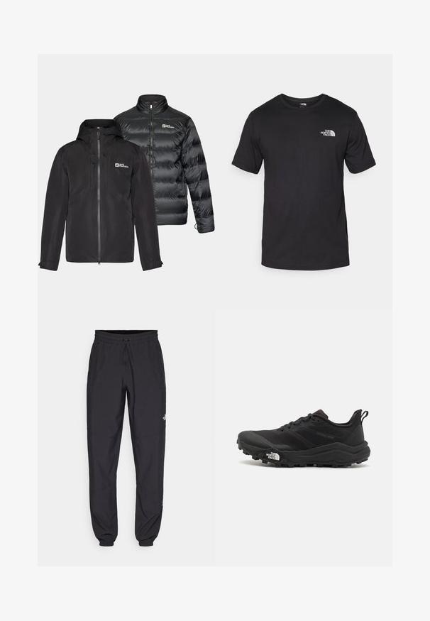 To sorte sorte jakker side om side: et vandafvisende yderlag med hætte og lynlås, samt en puffy isoleret jakke med høj krave.; Sort kortærmet t-shirt lavet af bomuld, med rund halsudskæring og et lille hvidt logo på den øverste venstre brystområde.; Sorte atletiske bukser lavet af letvægtsstof, med en snor i taljen, sidelommer og tapered manchetter ved anklerne.; Sort trail løbesko med en struktureret overdel, gummisål og forstærket tåhætte. Har en polstret krave og en pull-tab til nem påtagning.