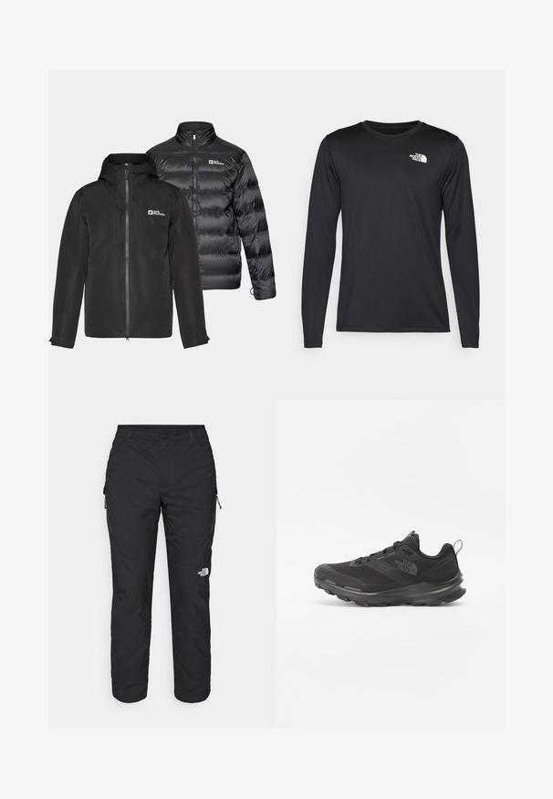 Due giacche nere affiancate: uno strato esterno resistente all'acqua con cappuccio e chiusura con zip, e una giacca imbottita con collo alto.; T-shirt da performance a maniche lunghe nera realizzata in tessuto leggero, con un logo bianco sulla parte superiore sinistra del petto. Texture liscia.; The North Face WINTER EXPLORATION TAPERED CARGO - Pantaloni outdoor - black; Scarpa sportiva nera con tomaia in rete, suola in gomma e collarino imbottito. Presenta lacci, un logo sul lato e un design testurizzato.