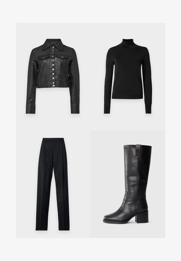 The Kooples BLOUSON CUIR - Leren jas - black; Zwarte trui met lange mouwen en col, voorzien van geribde manchetten en zoom, weergegeven op een effen witte achtergrond.; Zwarte broek gemaakt van gladde stof met een hoge taille, wijde benen, voorplooien en klassieke ceintuurlussen. Geen zijzakken zichtbaar.; Zwarte leren kniehoge laarzen met een gladde textuur, vierkante neus, blokhak en zijhandvat, met minimale stikseldetails.