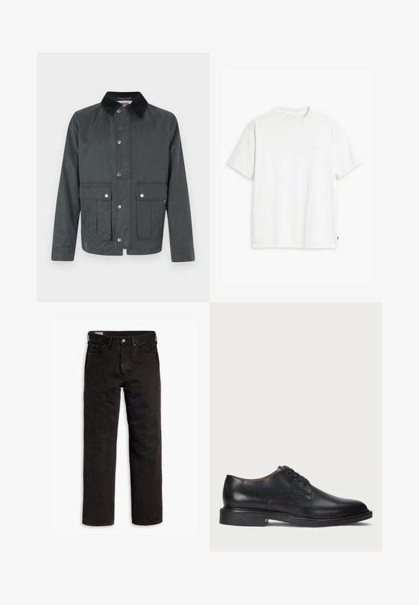 Tmavě šedá ležérní bunda s černým manšestrovým límcem, zapínáním na přední druky a dvěma velkými klopovými kapsami s druky v pase.; Bílá bavlněná tričko s krátkými rukávy, klasickým výstřihem a decentním logem Levi's vytištěným uprostřed. Měkká textura a standardní střih.; Černé džíny rovného střihu s pěti kapsami, zapínáním na knoflík a poutky na opasek, položené na bílém pozadí.; Černé kožené společenské boty s kulatou špičkou, šněrováním a nízkým podpatkem. Hladký povrch s minimálním šitím.