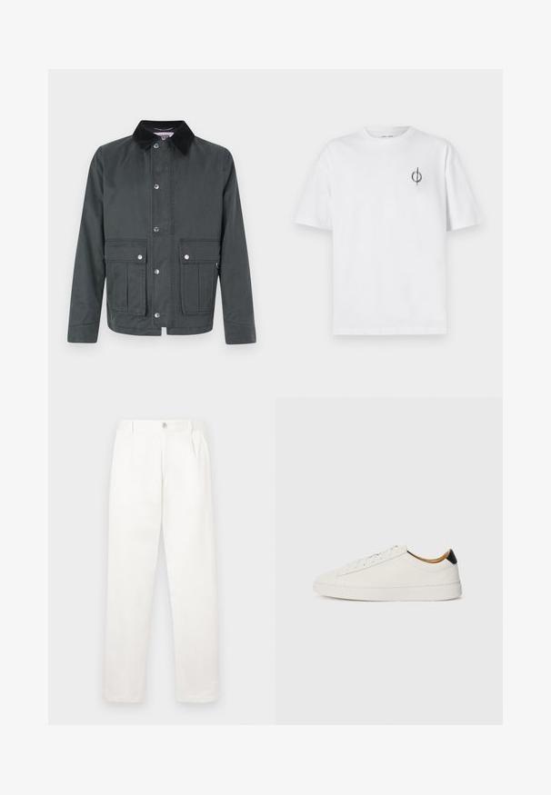 Temno siva priložnostna jakna s črnim kordurojim ovratnikom, sprednjimi gumbi na zaponko in dvema velikima žepoma s poklopcem in zaponko v predelu pasu.; Bela bombažna majica s sproščenim krojem, ki ima majhen črn grafični logotip na levem prsnem delu. Kratke rokave, okrogel izrez.; Bele hlače iz gladkega blaga, z ravnimi nogami, sprednjimi gubami in enim gumbom za zapiranje v pasu.; Bela tenisa s gladkim usnjem, okroglo konico in ravnim podplatom. Črn poudarek na peti, s toniranim vezalkami in minimalnim označevanjem.