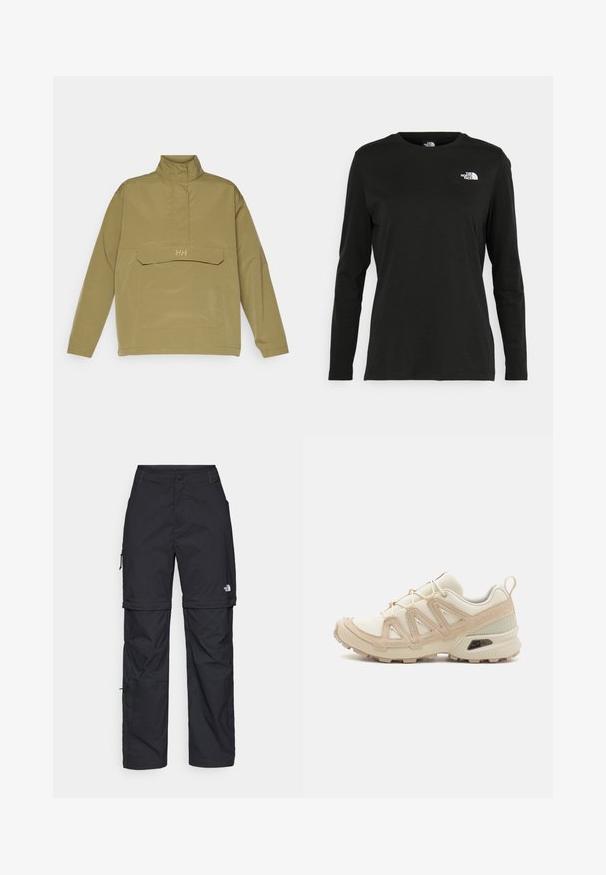 Khaki negyedcipzáras dzseki, magas gallérral, nagy elülső zsebbel és diszkrét arany logóval. Sima tapintású, könnyű anyag.; Fekete, hosszú ujjú póló pamutból, kerek nyakkal. A bal mellrészen egy kis fehér logó található. Egyszerű dizájn és szabás.; Fekete nylon zipzáras cargo nadrág állítható mandzsettával, több zsebbel és logóval a jobb lábon. Simább, könnyű textúra.; Beige és krém színű sportcipő, texturált hálós felsőrésszel, támogató burkolattal és gumitalppal, amely tapadás érdekében bordázott mintázattal rendelkezik.