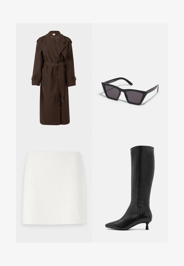 Abrigo de lana marrón con diseño de doble botonadura, cinturón en la cintura y hombreras. Presenta botones grandes y mangas largas.; Blusa de manga larga negra en una tela suave, con un escote amplio y un ajuste ligeramente holgado, sin patrones visibles ni detalles de herrajes.; Minifalda blanca ajustada con una textura suave y líneas limpias. Sin patrones ni herrajes visibles. Dobladillo recto en la parte inferior.; Zign Botas - black; Gafas de sol negras y angulares con lentes grises; fabricadas en plástico, con varillas gruesas de superficie suave y sin herrajes visibles.