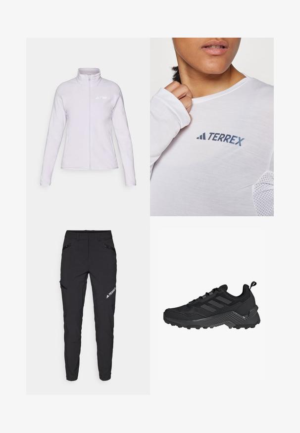 Lys lilla fleecejakke med høy krage, hel glidelås og sidelommer. Har en hvit "TERREX"-logo på øvre venstre.; Hvit langermet skjorte med en blå "TERREX"-logo. Stoffet er lett med teksturerte mesh-detaljer på skuldrene.; Svart utendørsbukser har en smal passform, glidelåslommer, forsterkede knær og en logo på venstre side. Laget av slitesterk og lett stoff.; Svart idrettssko med mesh-overdel, design med tre striper, formet hæl og robust yttersåle med fremtredende støtteknopper.
