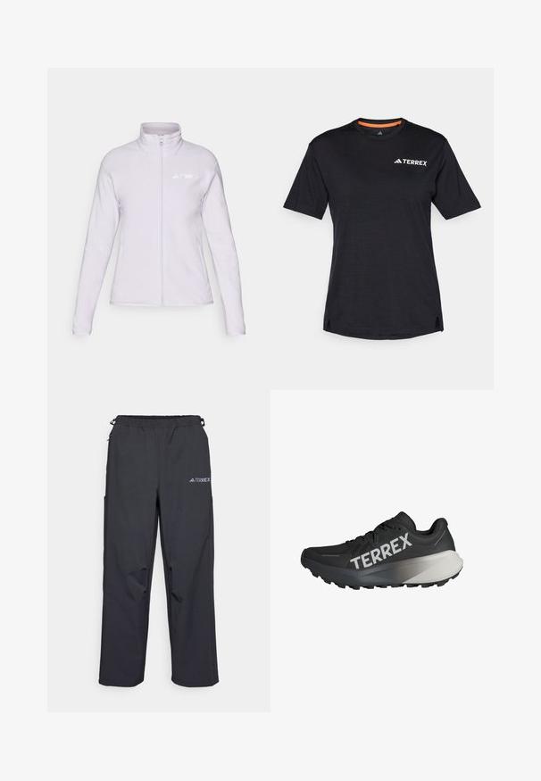 Gaiši violets vilnas jaka ar augstu apkakli, pilnu rāvējslēdzēju un sānu kabatām. Uz augšējā kreisā stūra atrodas balts "TERREX" logo.; Melns īsām piedurknēm T-krekls ar apaļu dekoltē, ar smalku heather tekstūru un baltu "TERREX" logo augšējā kreisajā pusē.; Melnas, vieglas āra bikses ar elasticu jostu, sānu kabatām un logo augšējā labajā kājā. Gluda, ūdensizturīga auduma.; Melnas skriešanas kurpes ar teksturētu virsu, izteikts "TERREX" logo baltā krāsā, sašaurināts zoles dizains un gradienti pelēks akcents uz papēža.