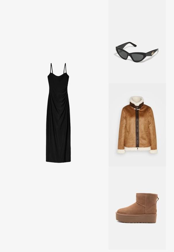 Brown suede jacket with a fur-lined collar, featuring a front zipper closure and white fur accents at the cuffs and hem.; Black midi dress with thin adjustable straps, featuring a draped design and smooth texture. No visible patterns or embellishments.; Tan suede ankle boot with a platform sole, rounded toe, and stitching accents; features a pull tab at the back for easy wear.; Cat-eye sunglasses with a matte black plastic frame, dark lenses, and a gold logo accent on the temple. Angular design and smooth texture.; Brown leather crossbody bag with logo pattern, gold chain strap, zipper closure, and gold hardware accents. Compact and rectangular shape.