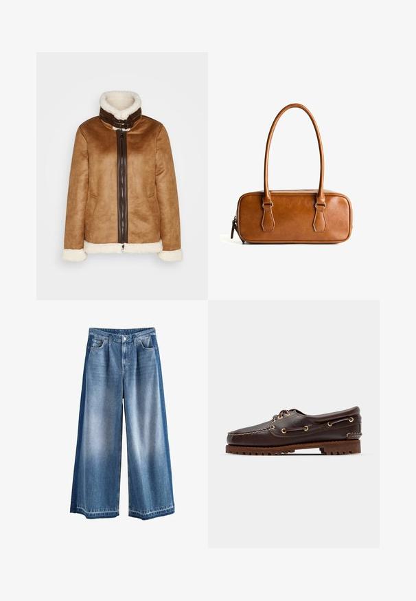 Bruine suède jas met een kraag van bont, uitgerust met een ritssluiting aan de voorkant en witte bontaccenten aan de manchetten en de zoom.; Navyblauw, crew neck trui gemaakt van zachte, gestructureerde stof met lange mouwen en een korte zoom. Eenvoudig ontwerp zonder versieringen.; Witte mouwloze blouse met een V-hals, voorzien van kantafwerking aan de zoom met een golvend patroon. Soepele textuur en minimalistisch ontwerp.; Wijdvallende denim broek in licht tot middelblauw, met een vervaagde wassing, klassieke zakken en een knoopsluiting. Stevig katoen materiaal.; Bruine leren bootsschoen met gouden oogjes, ronde veters en een gestructureerde bruine rubberen zool. Kenmerkt zich door gestikte details en een verhoogd logo.; Bruine leren handtas met twee lange hengsels, rechthoekige vorm, gladde textuur, ritssluiting en accenten van zilverkleurig beslag.