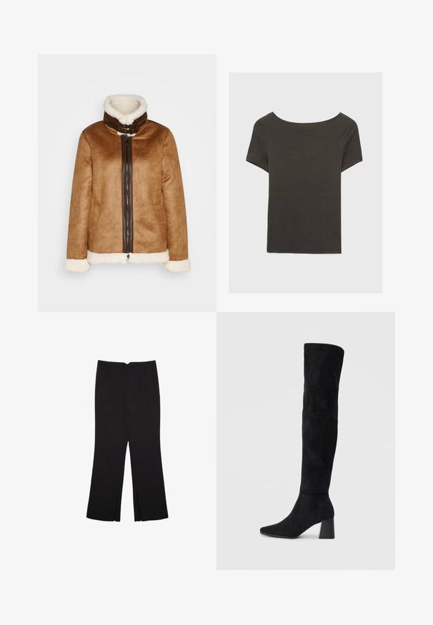 Brązowa zamszowa kurtka z futrzanym kołnierzem, z zamkiem z przodu i białymi futrzanymi akcentami przy mankietach i u dołu.; Czarna szara bluzka z krótkim rękawem i dekoltem w kształcie łódki. Wykonana z prążkowanej tkaniny, ma luźny krój i czyste wykończenie. Prosty design, bez wzorów.; Czarne spodnie o prostym kroju, z przednimi kieszeniami i bocznymi rozcięciami na dole. Wykonane z miękkiego, gładkiego materiału. Odpowiednie na różne okazje.; Czarne zamszowe botki do kolan na kwadratowym obcasie, z wydłużonym noskiem i gładkim, bezszwowym wzorem na jednolitym jasnym tle.