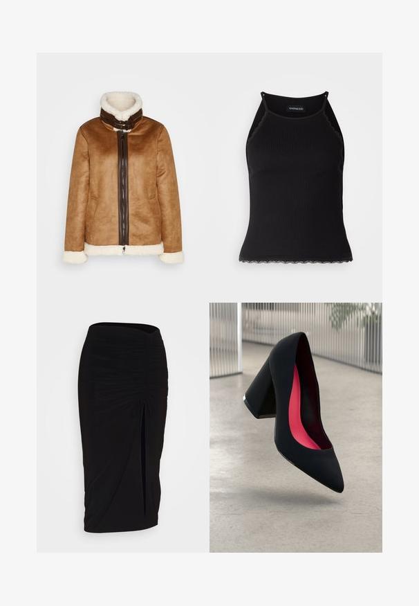 pruun suede jakk, millel on karvatoega krae, esiküljel lukk ja valged karvakatte aktsendid varrukatel ja allääres.; Must mustriba top musta servadega äärega. Omab peeneid rihmu ja istuvat disaini. Valmistatud venivast kangast.; Mustast, rikutud pliiatsiseelik sidumisdetailiga ja küljes lahtise lõhenemisega. Valmistatud venivast kangast, millel on sile tekstuur ja keha lähedane lõige.; Mustad must kõrged kontsad, terava ninaga, tekstuurse pinnaga ning erksa roosa sisemusega. Omab paksu kontsa koos hõbedase aktsendiga.