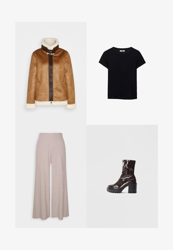 Brązowa zamszowa kurtka z futrzanym kołnierzem, z zamkiem z przodu i białymi futrzanymi akcentami przy mankietach i u dołu.; Czarna koszulka z krótkim rękawem, wykonana z miękkiego materiału. Posiada klasyczny okrągły dekolt i luźny krój. Brak widocznych wzorów lub akcentów.; Jasnoszare szerokie spodnie wykonane z miękkiego, żebrowanego materiału, z wysokim stanem i pełnej długości nogawkami o subtelnej teksturze.; Błyszczące bordowe botki za kostkę z masywną czarną obcasem, charakteryzujące się gładką teksturą i prostym wzornictwem. Brak widocznych zapięć lub wzorów.