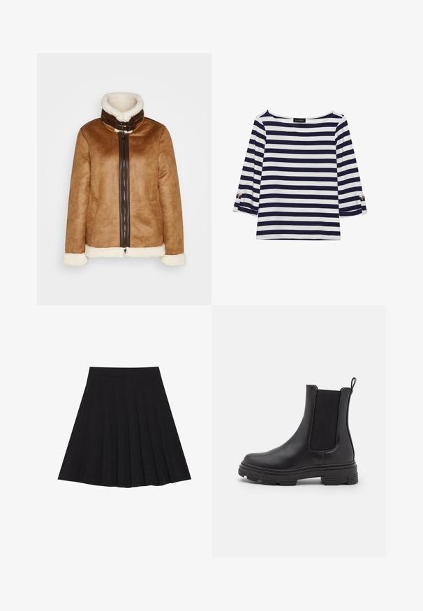 Rjava zamšasta jakna z ovratnikom obloženim s krznom, ki ima sprednje zadrgo in bele krzneno obloge na mansetah ter robu.; Mornarsko modra in bela črtasta majica z dolgimi rokavi, z vratnim izrezom v obliki čolna in zlatimi gumbi na zavihkih rokavov. Mehka tkanina, sproščen kroj.; Črna plisirana krila iz strukturiranega materiala s prilegajočim pasom. Segajo do kolen in ponujajo gladko, čisto silhueto.; Črne usnjene gležnjarje z elastiko na straneh, zaobljenim prstom in teksturiranim gumijastim podplatom. Imajo zanko na zadnji strani za enostavno obuvanje.