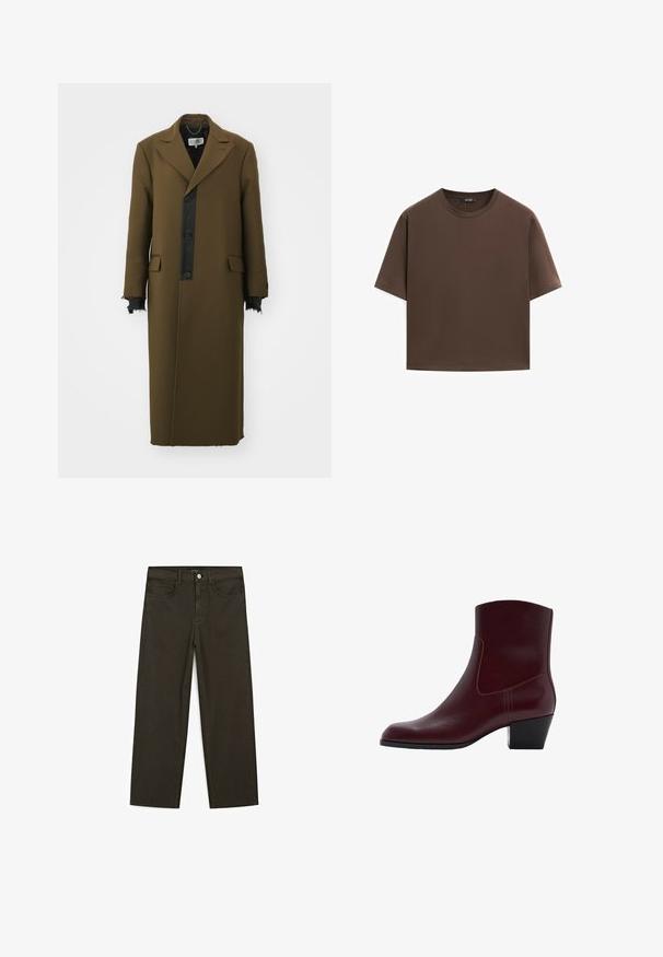 MM6 Maison Margiela COAT - Klasický kabát - khaki; Hnědé bavlněné tričko, krátké rukávy, kulatý výstřih, volný střih, hladká textura, minimalistický design, žádné viditelné vzory ani akcenty.; Tmavě zelené široké džínsy vyrobené z bavlněné směsi, s předním zapínáním na knoflík, pěti kapsami a klasickým denimovým stehem.; Vínově červený kožený kotníkový boot s mírně špičatou špičkou, středním blokovým podpatkem a švem po straně. Hladká textura a minimalistický design.