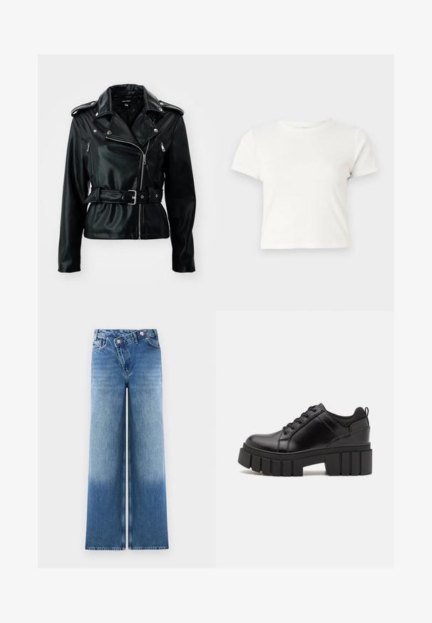 Vero Moda VMDEMIFIE SHORT COATED JACKET - Jakna iz umetnega usnja - black; Kratka bela majica iz bombaža s kratkimi rokavi, okroglim ovratnikom in ravnim robom, ki ima gladko teksturo in minimalističen dizajn.; Svetlo modri široki kavbojke z zbledelim videzom, ki vključujejo klasičen dizajn s petimi žepi in kovinske gumbe na pasu.; Črne usnjene platforme z debelim blokastim petam, okroglo konico in klasičnim vezanjem. Imajo gladko teksturo in minimalne podrobnosti.