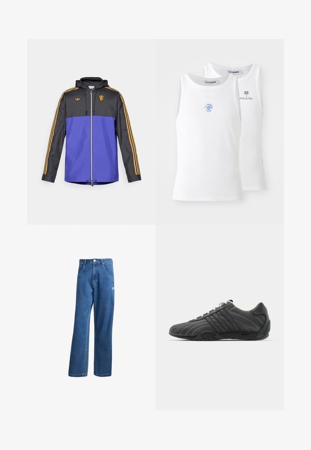 adidas Originals MANCHESTER UNITED ICON PARKA - Klubbklær - utility black; To hvite tank topper med ribbestruktur, som har broderte logoer i blått og grønt. Den ene har et soldesign, mens den andre har et palmetre.; Blå høyhalsede vide denimjeans med frontlommer, belteholdere, knappelukking og liten Adidas-logo på høyre lår.; adidas Originals ADIRACER UNISEX - Joggesko - core black/cream white