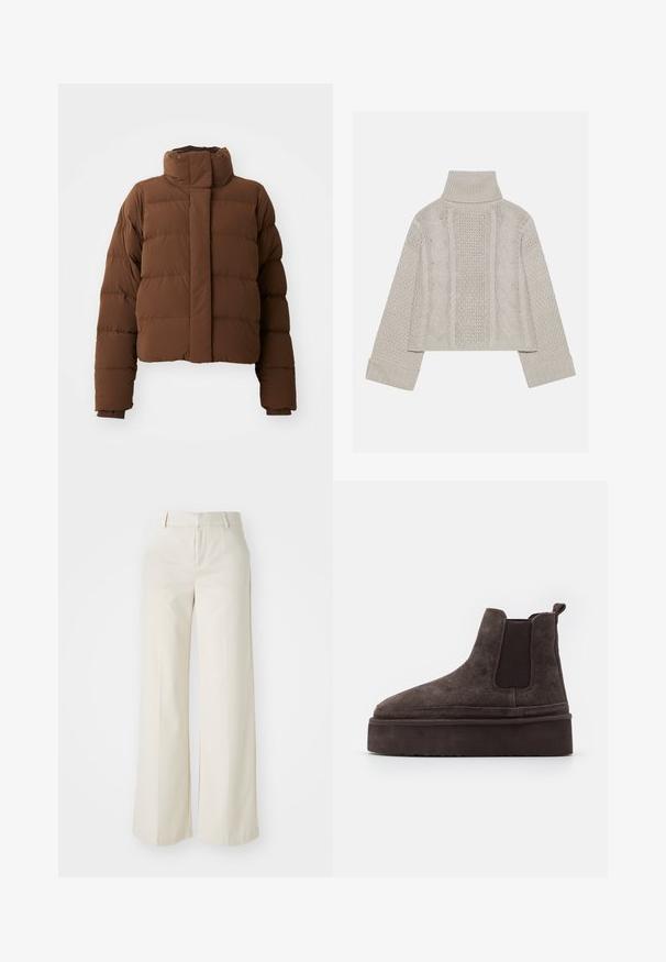 Barna, rövid fazonú puffermellény magas gallérral, steppelt részekkel, patentos záródással és bordázott mandzsettákkal a kényelem érdekében.; Rövidített, világosszürke kötött pulóver magas gallérral és bordázott mandzsettákkal, hátul és az oldalakon texturált sodrott mintákkal.; Világos bézs színű, széles lábú nadrág, sima anyagból készült. Klasszikus derékrésszel és lapos elülső résszel, letisztult vonalakkal rendelkezik.; Barna nubuk Chelsea csizma elasztikus oldalsó panelekkel és vastag, textúrázott talppal. A saroknál található húzófül megkönnyíti a felhúzást.